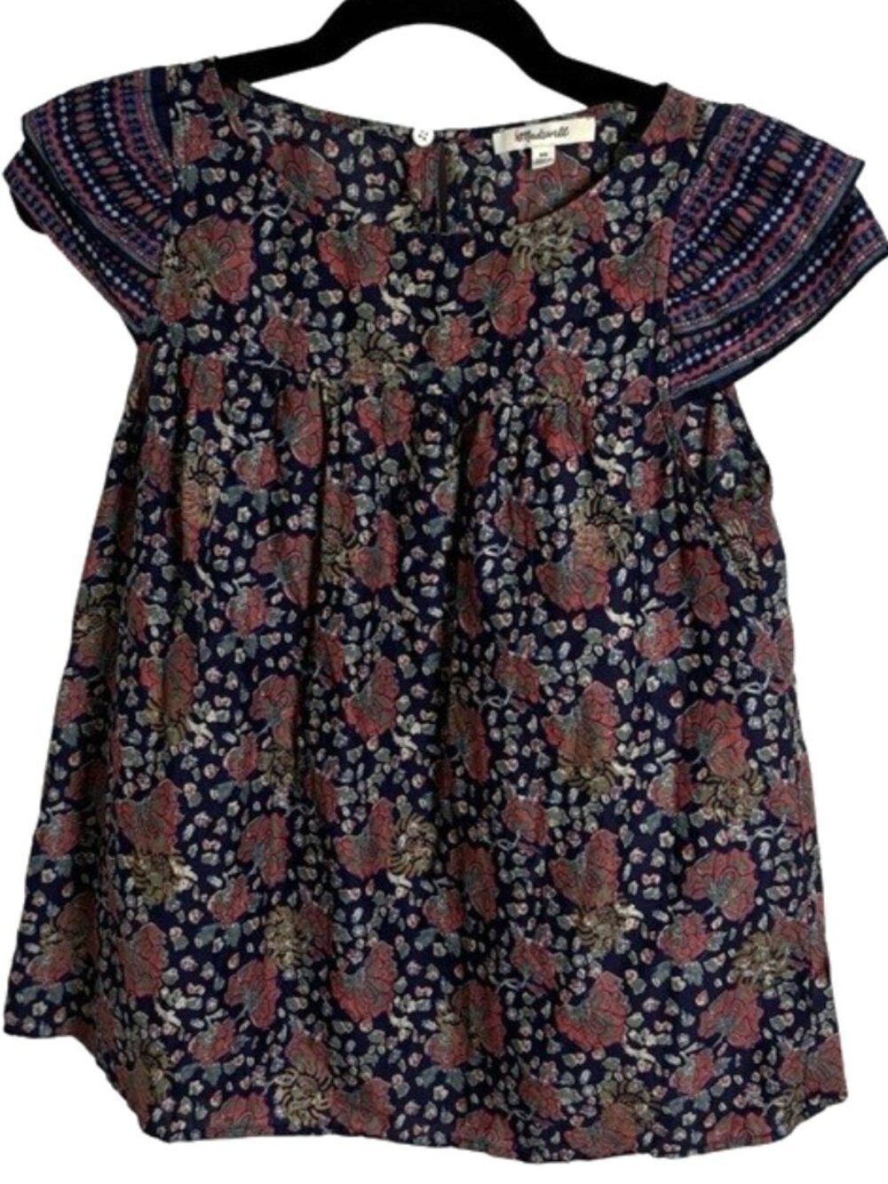 Madewell Floral Boho Peasant Blouse Navy Pink Print Cap Sleeve Size 00